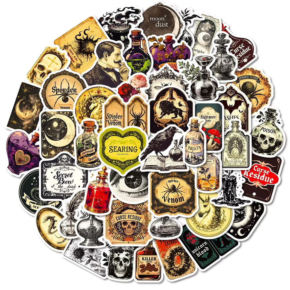 10/30/50pcs Gothic Retro Potion Label Stickers Cartoon Apothecary Decals for Notebook Phone Guitar Laptop Decoration Sticker Toy