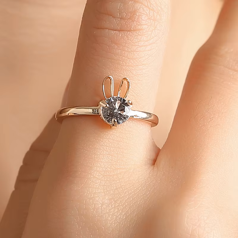 Gold Bunny Ears Ring for Women, Cute Cubic Zirconia Rabbit Finger Ring, Dainty Crystal Animal Promise Ring Kawaii Aesthetic Jewelry Gift