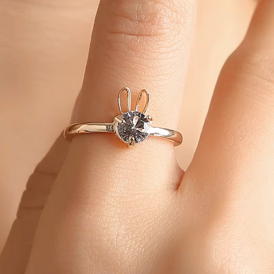 Gold Bunny Ears Ring for Women, Cute Cubic Zirconia Rabbit Finger Ring, Dainty Crystal Animal Promise Ring Kawaii Aesthetic Jewelry Gift