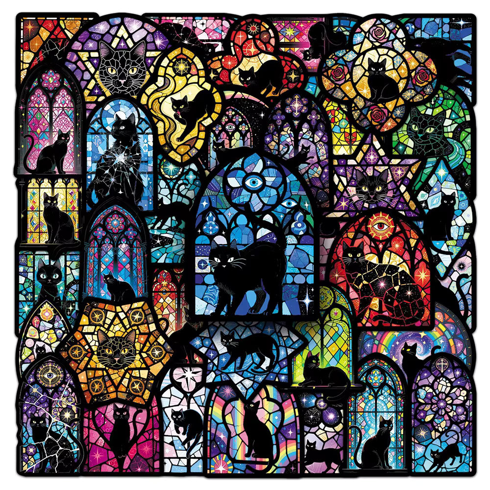 10/30/50pcs Vintage Colorful Glass and Black Cat Stickers Gothic Style Decals DIY Notebook Suitcase Phone Cool PVC Sticker Decor