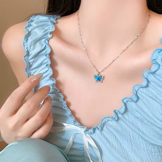 Silver Blue Crystal Butterfly Necklace for Women, Dainty Y2K Butterfly Pendant Choker, Cute Rhinestone Coquette Balletcore Aesthetic Jewelry Gift