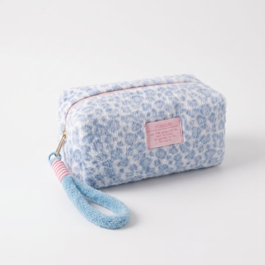 Leopard Print Plush Makeup Bag, Portable Pouch for Skincare And Toiletries (light blue)