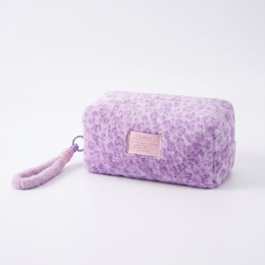 Leopard Print Plush Makeup Bag, Portable Pouch for Skincare And Toiletries (Light Purple)