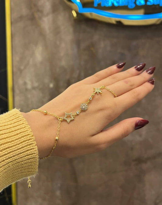 Women's Gold Celestial Hand Chain Bracelet - Cubic Zirconia Star and Sunburst Slave Bracelet, Elegant Finger Ring Chain Harness, Dainty Galaxy Theme Hand Jewelry Gift
