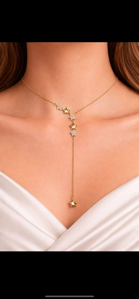 Luxury Celestial Star Lariat Necklace for Women - Gold-Plated Y-Shaped Choker with Shimmering Crystal Pavé Stars, Elegant Dainty Long Drop Dangle Jewelry Gift for Brides and Parties