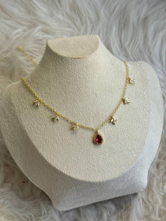 Handmade Red Ruby Teardrop Pendant Necklace - Gold-Plated Choker with Crystal Leaf Charms, Elegant Dainty Dangle Statement Jewelry Anniversary Birthday Gift for Women and Teen Girls