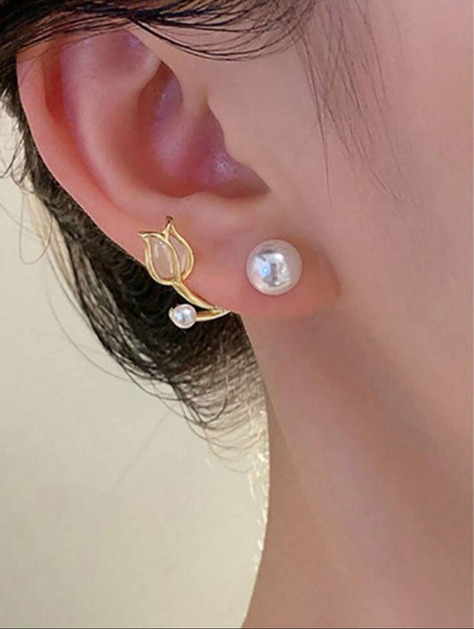 Handmade Tulip Opal Pearl Ear Jacket Earrings - 1Pair Luxury Gold-Plated Cat Eye Stone Flower Ear Crawlers, Cute Dainty Floral Coquette Stud Jewelry Gift for Women and Teen Girls