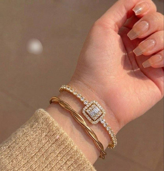 Luxury 2-Pcs Stacked Bracelet Set for Women - Gold-Plated Baguette Cut Cluster Tennis Bracelet with Twisted Cable Cuff Bangle, Elegant Diamond Simulated Wrist Jewelry Gift for Parties