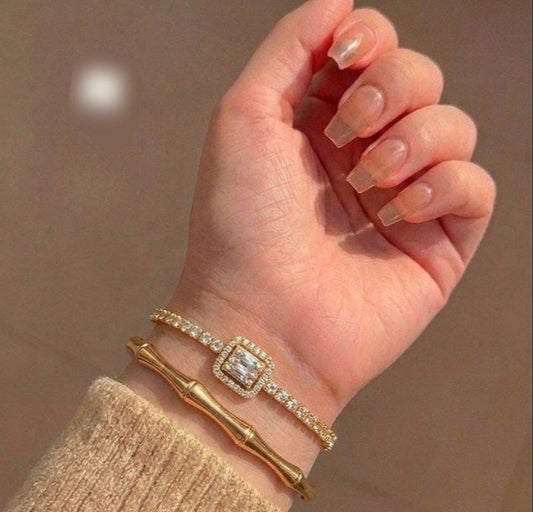 Luxury 2-Pcs Stacked Bracelet Set for Women - Gold-Plated Baguette Cut Cluster Tennis Bracelet with Bamboo Joint Cuff Bangle, Elegant Diamond Simulated Wrist Jewelry Gift for Parties