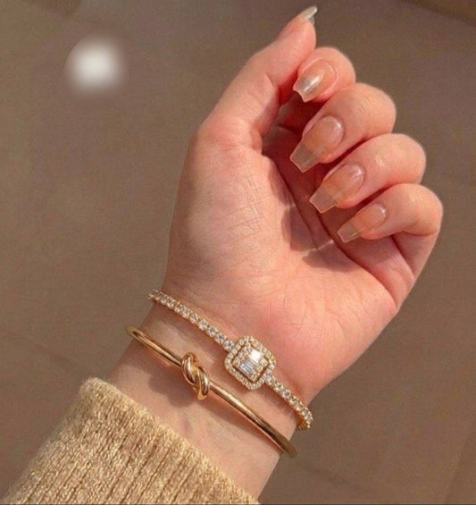 Luxury 2-Pcs Stacked Bracelet Set for Women - Gold-Plated Baguette Cut Cluster Tennis Bracelet with Love Knot Cuff Bangle, Elegant Diamond Simulated Wrist Jewelry Gift for Parties