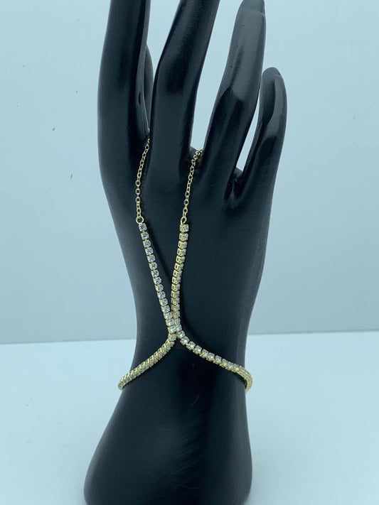Women's Gold Tennis Hand Chain Bracelet - Full Cubic Zirconia Crystal Slave Bracelet, Sparkling Rhinestone Finger Ring Harness, Luxury Bridal Hand Jewelry