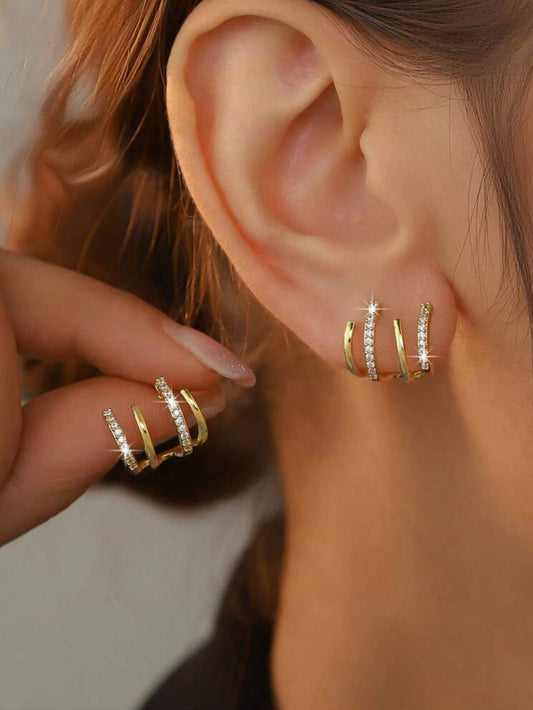 Handmade Multi-Claw Stud Earrings for Women - 1Pair Luxury Gold-Plated 4-Row Ear Hugger Cuffs with Shimmering Crystal Zircon, Edgy Punk Minimalist Piercing Jewelry Gift for Girls