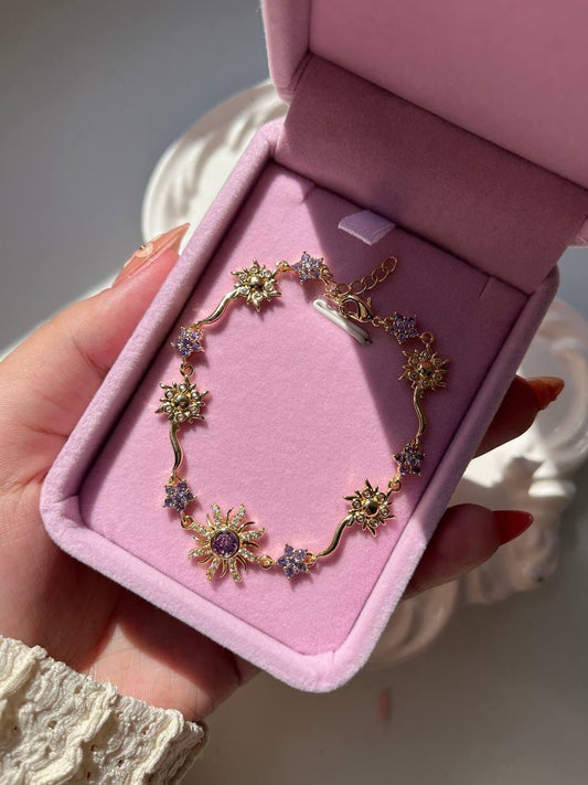Handmade Celestial Sun and Purple Crystal Bracelet - Gold-Plated Dainty Wavy Chain with Shimmering Zircon Sunburst and Flower Charms, Aesthetic Astronomical Jewelry Birthday Gift for Women
