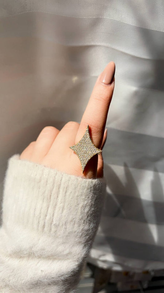 Luxury Starburst Statement Ring for Women - Gold-Plated North Star Adjustable Ring with Full Pavé Crystal Zircon, Celestial Flare Oversized Fashion Jewelry Gift for Parties and Weddings  free size open