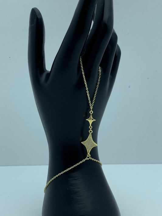 Women's Gold Hand Chain Bracelet with Star Charms - Cubic Zirconia Geometric Slave Bracelet, Finger Ring Chain Harness, Elegant Hand Jewelry Gift for Women and Girls