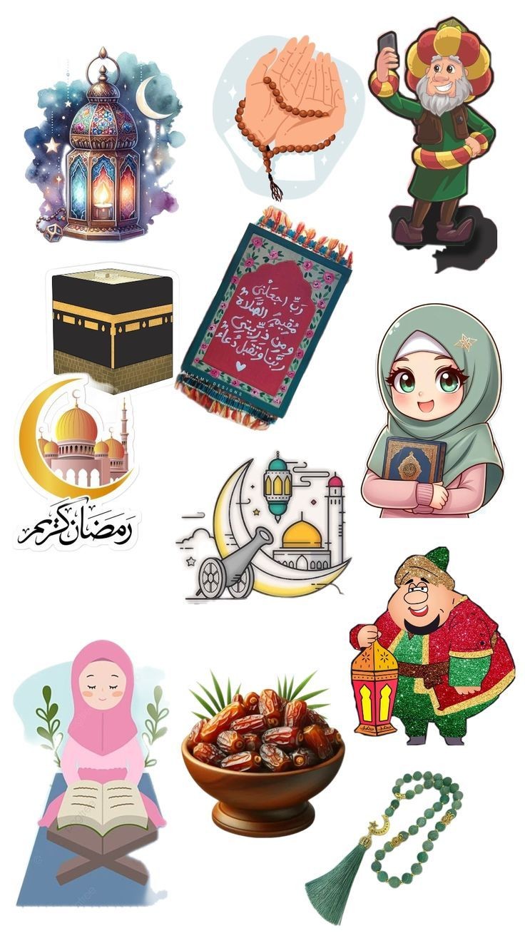Ramadan Mubarak Stickers Pack, Islamic Theme Decor, Kaaba, Prayer Rug, Lanterns, and Cute Muslim Characters Aesthetic Stickers for Journaling, Scrapbooking, Water Bottles, Laptop, and Planner Decals