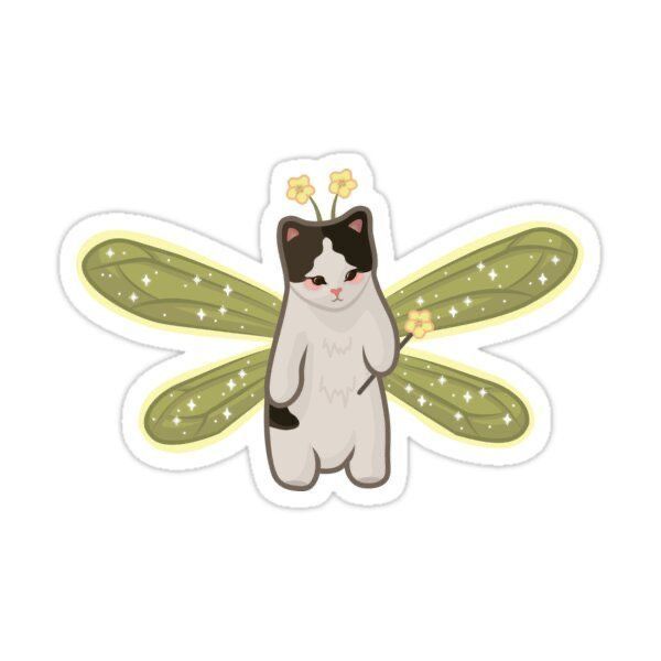 Cute Fairy Cat Meme Sticker - Aesthetic Kawaii Cat with Butterfly Wings Vinyl Decal for Laptop, Water Bottle, Journal, and Phone Case