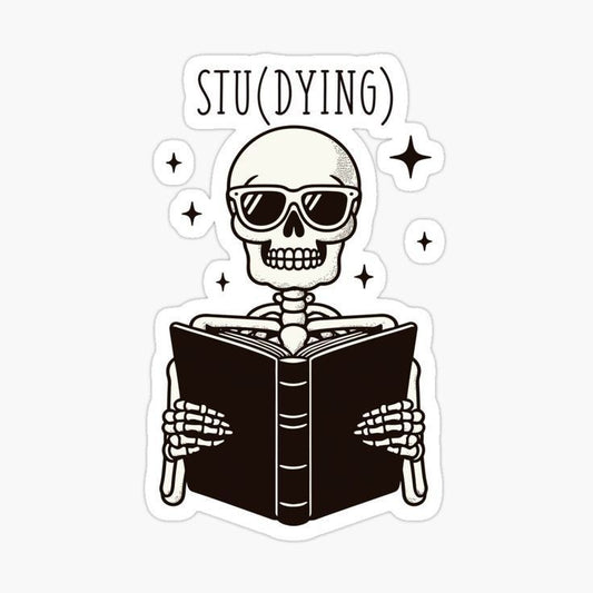 STU(DYING)" Funny Skeleton Reading Vinyl Sticker - Sarcastic Gothic College Exam Decal for Laptop, PC, Water Bottle, Notebook & Kindle - Cute Dark Humor Gift for Students & Bookworms