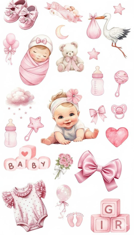 Cute Watercolor Baby Girl Sticker Pack - Aesthetic Pink Vinyl Stickers for Scrapbooking, Planners, and Journaling - Newborn Baby Shower Decorations & New Mom Gift Set