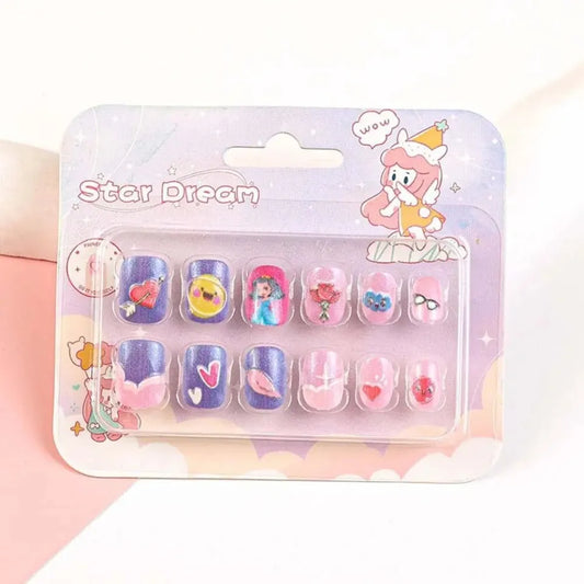 kids press on nails, fake nails for girls, cartoon false nails, safe children manicure, pre glued fake nails, teddy bear nail art, romantic hearts nails, fairy princess pressons, toddler dress up toys, non toxic children nails