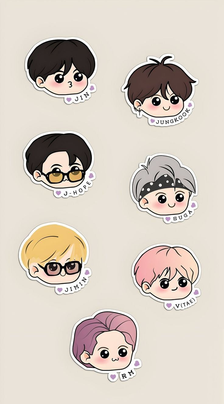 BTS Chibi Members Faces Stickers Pack, Cute K-Pop Aesthetic Members Art, Jin, Jungkook, Jimin, and V Theme Stickers for Journaling, Scrapbooking, Water Bottles, Laptop, and Planner Decals
