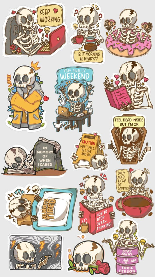 Funny Skeleton Sticker Pack (15 Pcs) - Cute Gothic Dark Humor Decals for Kindle, Laptop, Water Bottle & Journal - Sarcastic "Always Tired" & Coffee Lover Skeleton Gifts for Students & Coworkers