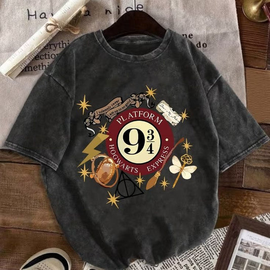 Harry Potter Platform 9 3/4 T-Shirt Washed Oversized for Women Teens, Vintage Magic School Graphic Tee, Casual Short Sleeve Dark Grey Top 1