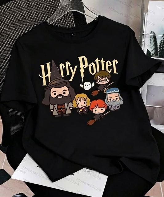 Harry Potter Chibi Characters T-Shirt Oversized for Women Teens, Cute Magic Movie Graphic Tee, Casual Short Sleeve Black Top 1