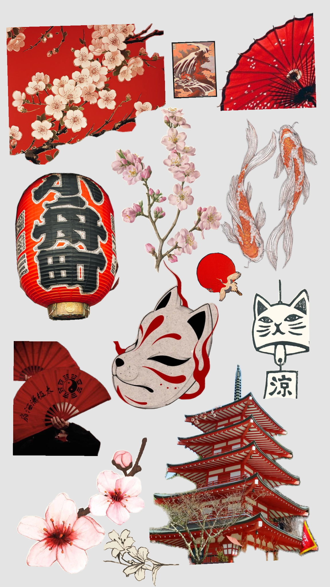 Japanese Traditional Aesthetic Stickers Pack, Red Temple, Cherry Blossom Sakura, Kitsune Mask, Koi Fish, and Asian Culture Theme Stickers for Journaling, Scrapbooking, Water Bottles, Laptop, and Planner Decals