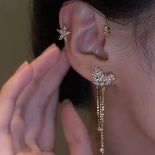 • 1pcs Gold Crystal Wing Tassel Earrings for Women, Cubic Zirconia Marquise Angel Wing Drop Earrings, Long Hanging Chain Statement Bridal Wedding Jewelry Gift