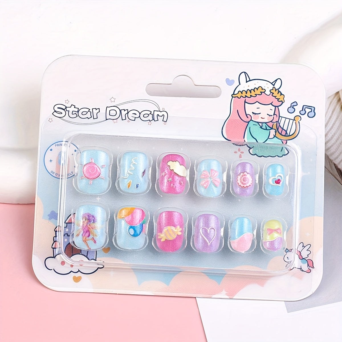kids press on nails, fake nails for girls, cute cartoon false nails, safe non toxic nails, star dream kids manicure, fairy princess fake nails, glitter candy nails set, children pressons pack, short square press on nails, press on nails pre glued