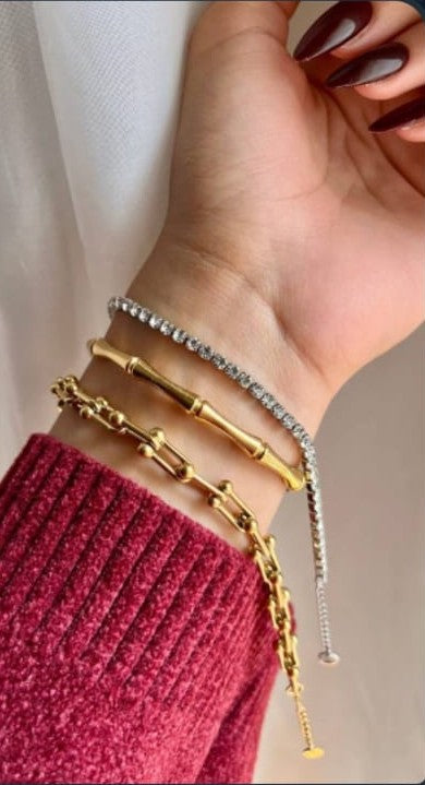 Luxury 3-Pcs Stacked Bracelet Set for Women - Gold and Silver Plated Classic Tennis Chain, Bamboo Joint Cuff Bangle, and Hardwear U-Link Chain Bracelets Pack, Elegant Layered Wrist Jewelry Gift