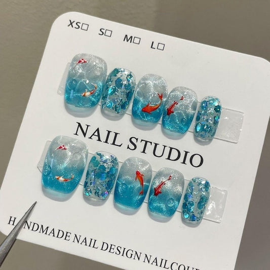 Handmade Koi Fish Press on Nails Short Square - 10Pcs Ocean Blue Ombre False Nails with 3D Water Droplets, Glitter Chunky Flakes, and 3D Fish Nail Art, Reusable Glue on Nails Set