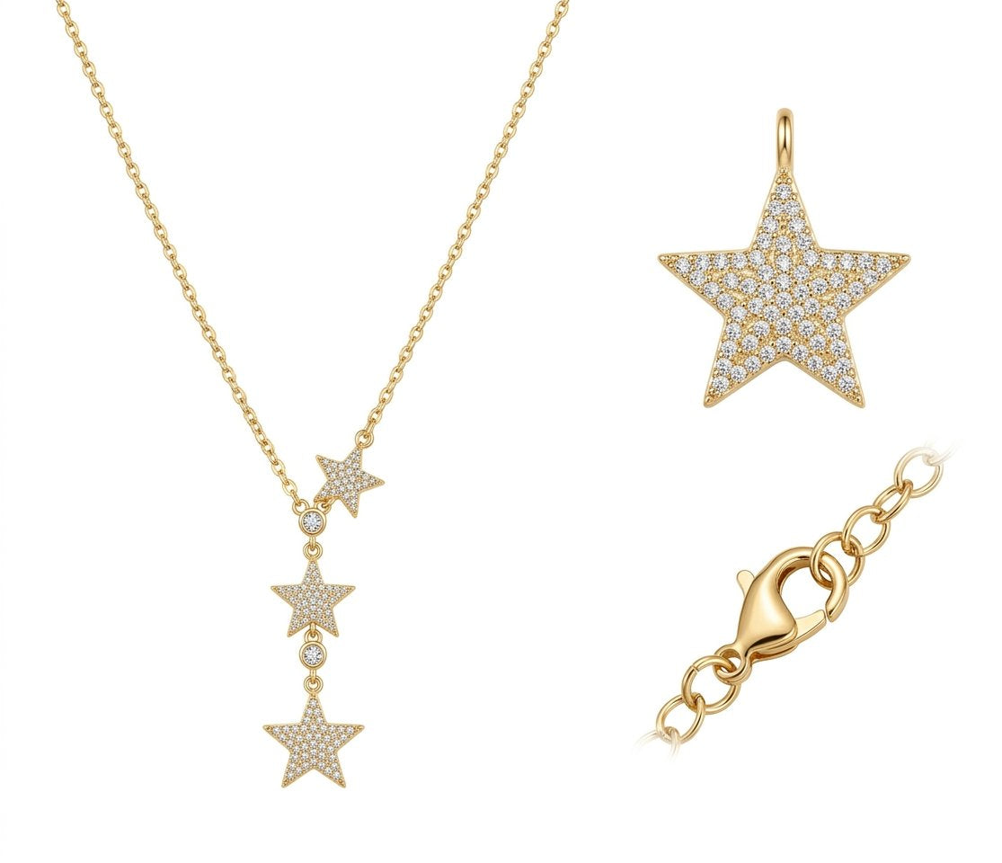 Luxury Celestial Three Star Drop Necklace for Women - Gold-Plated Y-Shaped Choker with Full Pavé Crystal Zircon Stars, Dainty Vertical Dangle Stacked Galaxy Jewelry Gift for Her
