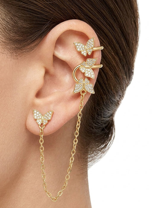 Handmade Butterfly Chain Ear Cuff Earring - 1Pc Luxury Gold-Plated Long Tassel Drop Fake Cartilage Piercing with 3D Zircon Crystals, Cute Punk Y2K Jewelry Gift for Women and Teen Girls