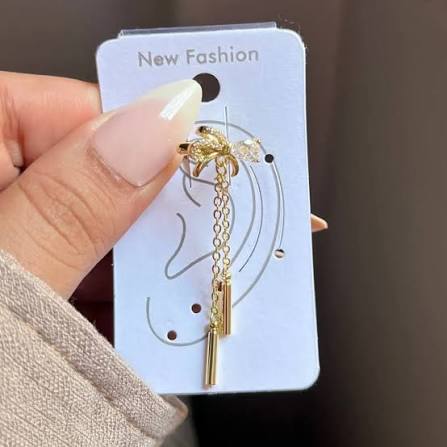 1pc andmade Bowknot Long Tassel Chain Ear Cuff Earring - 1Pc Luxury Gold-Plated Crystal Ribbon Non-Pierced Cartilage Clip, Aesthetic Y2K Drop Jewelry Gift for Women and Teen Girls