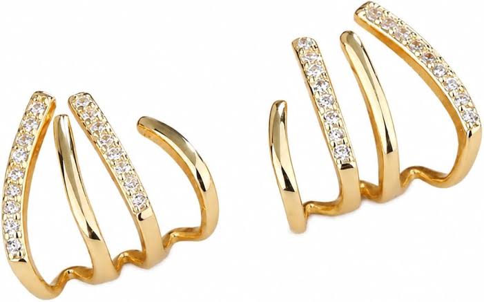 Handmade Multi-Claw Stud Earrings for Women - 1Pair Luxury Gold-Plated 4-Row Ear Hugger Cuffs with Shimmering Crystal Zircon, Edgy Punk Minimalist Piercing Jewelry Gift for Girls