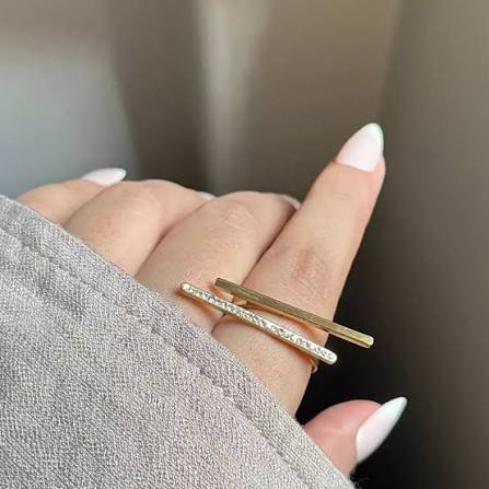Handmade Minimalist Vertical Bar Ring for Women - Gold-Plated Double Layer Geometric Adjustable Ring with Shimmering Crystal Zircon, Modern Statement Long T-Bar Fashion Jewelry Gift size 17
