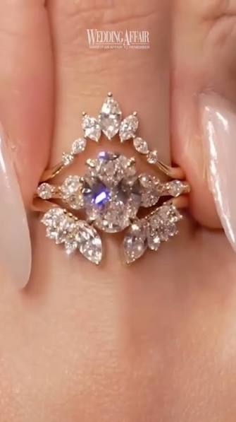 Luxury 3-Piece Bridal Ring Set for Women - 14K Gold-Plated Oval Cut Simulated Diamond Engagement Ring with Curved Marquise Tiara Chevron Wedding Bands, Full Cluster Statement Eternity Ring Pack size 8