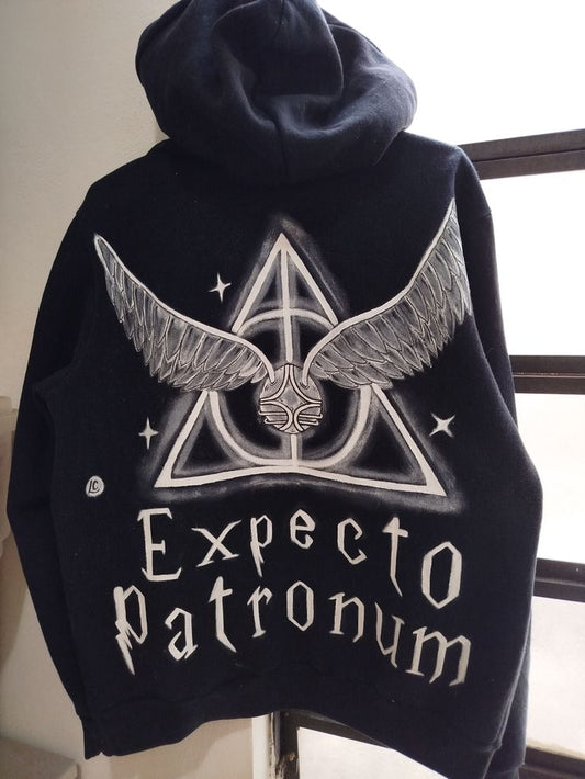 Harry Potter Expecto Patronum Hoodie Oversized Back for Women Teens, Deathly Hallows Graphic Pullover Sweatshirt, Casual Black Hooded Top