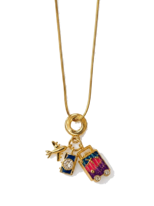 Gold Travel Charm Necklace with Enamel Suitcase, Crystal Camera, and Airplane Pendants, Wanderlust Jetsetter Jewelry Gift for Women
