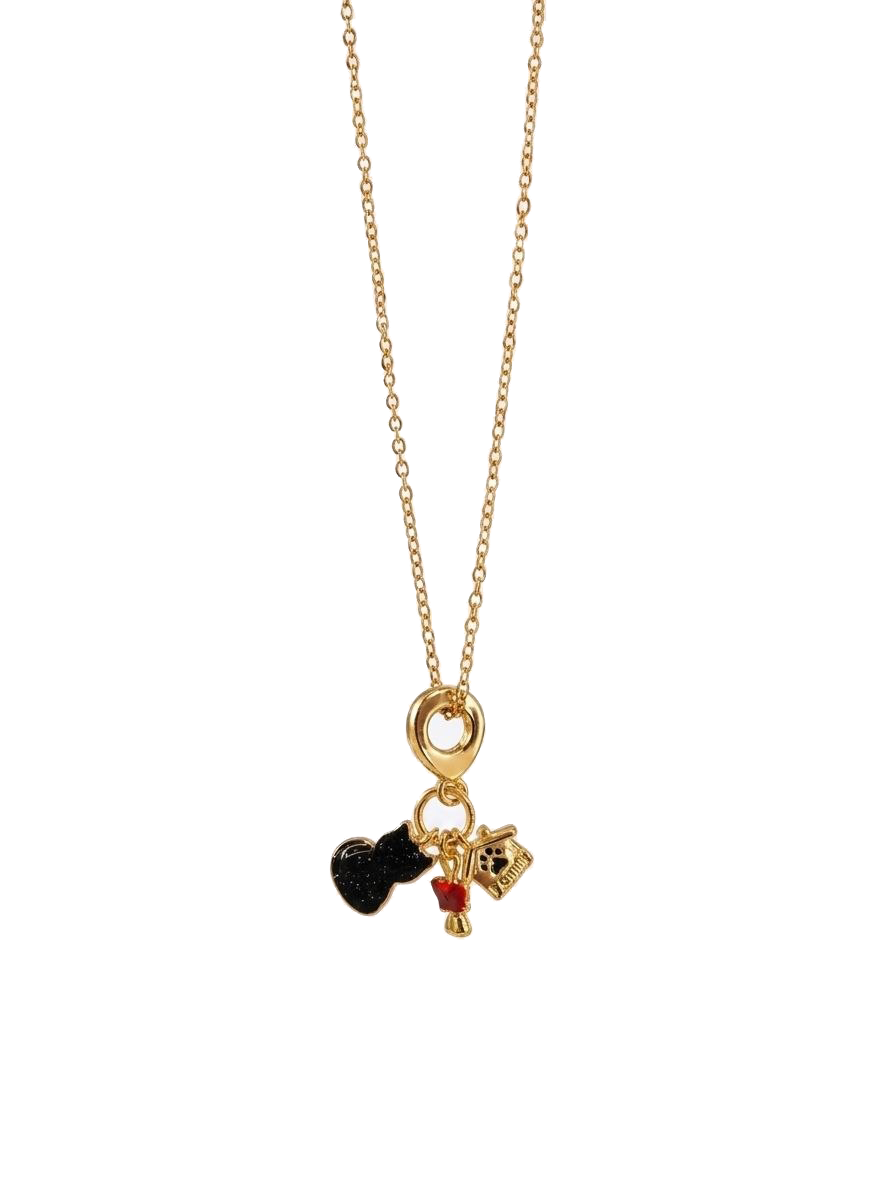 Gold Cat Charm Necklace for Women, Cute Pet Themed Pendant Necklace with Black Glitter Cat, Paw Print House & Red Bow Charms, Animal Lover Gift