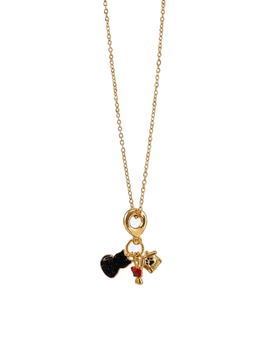 Gold Cat Charm Necklace for Women, Cute Pet Themed Pendant Necklace with Black Glitter Cat, Paw Print House & Red Bow Charms, Animal Lover Gift