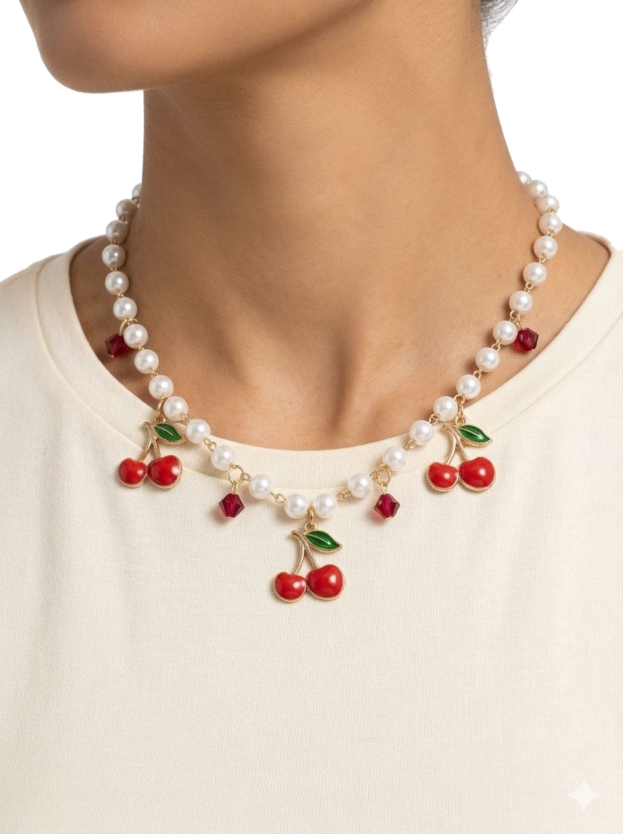 Faux Pearl Choker Necklace with Red Enamel Cherry Pendants and Burgundy Crystal Beads, Cute Summer Fruit Jewelry Gift for Women