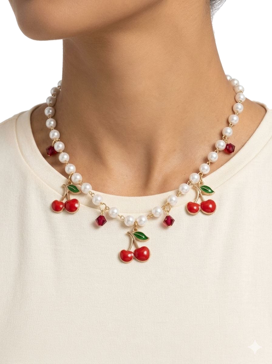 Faux Pearl Choker Necklace with Red Enamel Cherry Pendants and Burgundy Crystal Beads, Cute Summer Fruit Jewelry Gift for Women