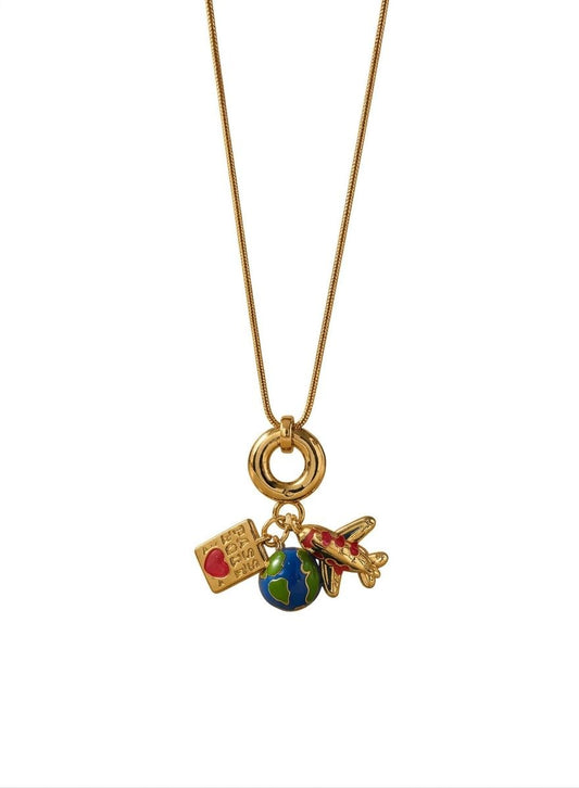 Gold Travel Charm Necklace for Women, Wanderlust Theme Pendant Necklace with Airplane, Globe & Passport Charms, Vacation Jewelry Gift
