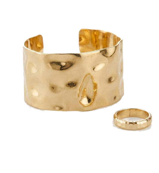 Gold Hammered Cuff Bracelet and Ring Set for Women, Chunky Textured Wide Open Bangle, Statement Boho Wrist Jewelry Gift