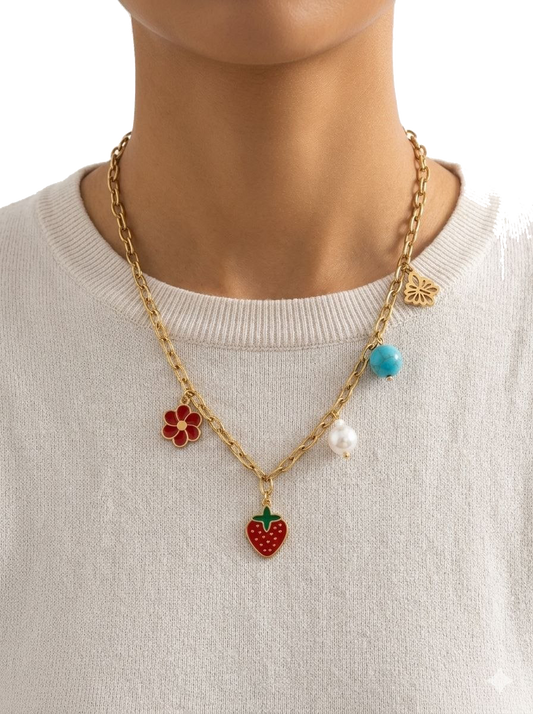 Gold Chunky Chain Charm Necklace with Enamel Strawberry, Red Flower, Pearl, and Turquoise Beads, Cute Summer Jewelry Gift for Women