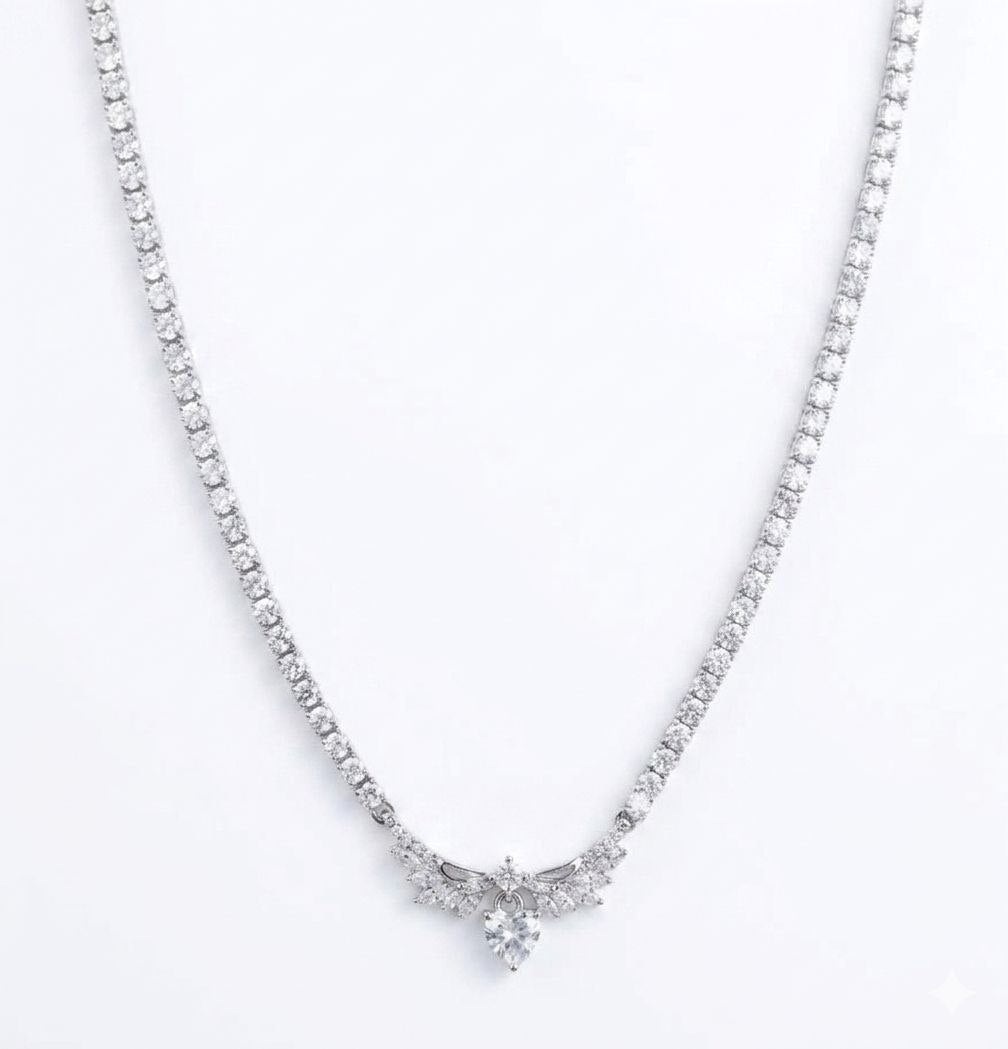 Silver Tennis Necklace for Women, Cubic Zirconia Heart Pendant Choker, Bridal Wedding Jewelry with Wing Accents, Elegant Statement Neck Chain