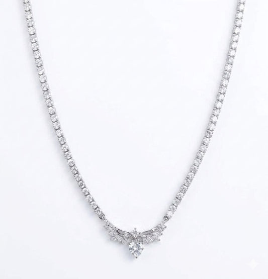 Silver Tennis Necklace for Women, Cubic Zirconia Heart Pendant Choker, Bridal Wedding Jewelry with Wing Accents, Elegant Statement Neck Chain